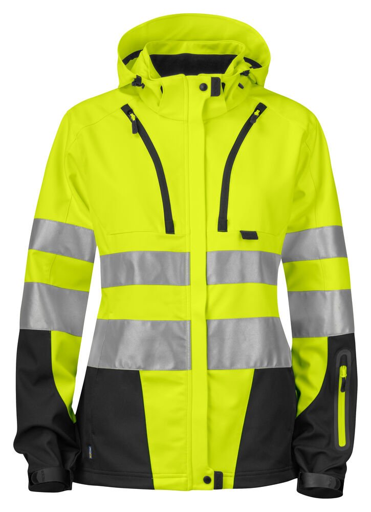 6423 ONGEVOERDE SIGNALISATIE SOFTSHELL EN ISO 20471 KLASSE 3 DAMES — Geel/Zwart