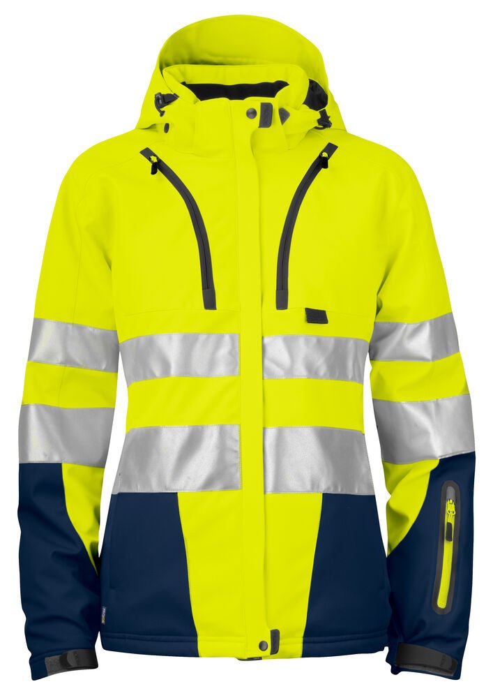 6424 GEVOERDE SIGNALISATIESOFTSHELL EN ISO 20471 KLASSE 3 DAMES — Geel/Marine